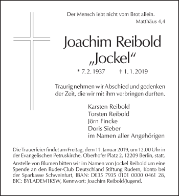 Traueranzeige von Joachim Reibold von Tagesspiegel