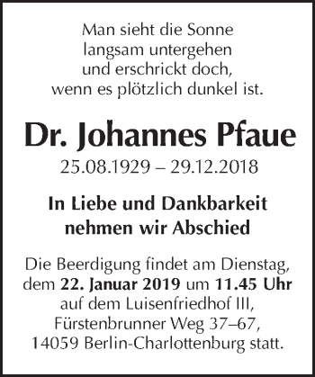 Traueranzeige von Johannes Pfaue von Tagesspiegel