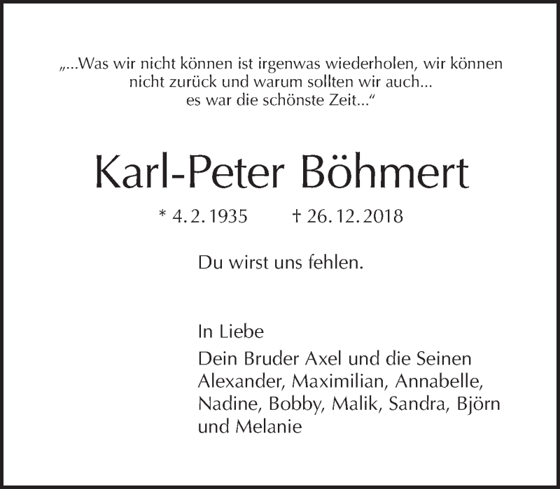  Traueranzeige für Karl-Peter Böhmert vom 06.01.2019 aus Tagesspiegel