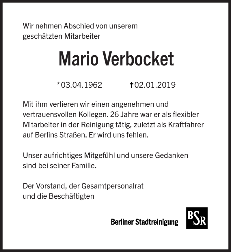  Traueranzeige für Mario Verbocket vom 20.01.2019 aus Tagesspiegel