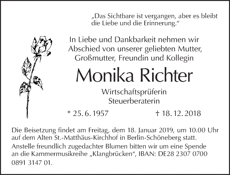  Traueranzeige für Monika Richter vom 13.01.2019 aus Tagesspiegel