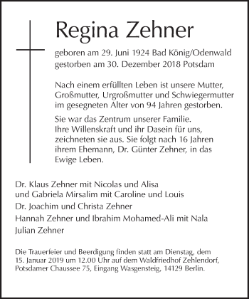 Traueranzeige von Regina Zehner von Tagesspiegel