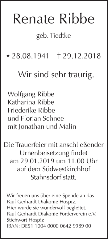 Traueranzeige von Renate Ribbe von Tagesspiegel