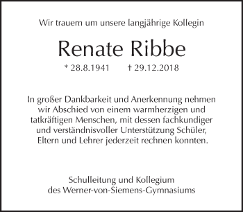 Traueranzeige von Renate Ribbe von Tagesspiegel