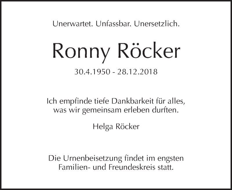  Traueranzeige für Ronny Röcker vom 06.01.2019 aus Tagesspiegel