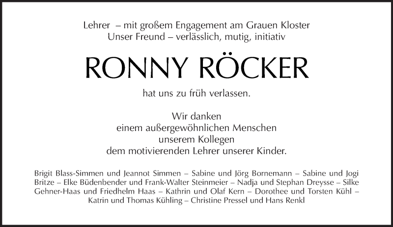  Traueranzeige für Ronny Röcker vom 13.01.2019 aus Tagesspiegel