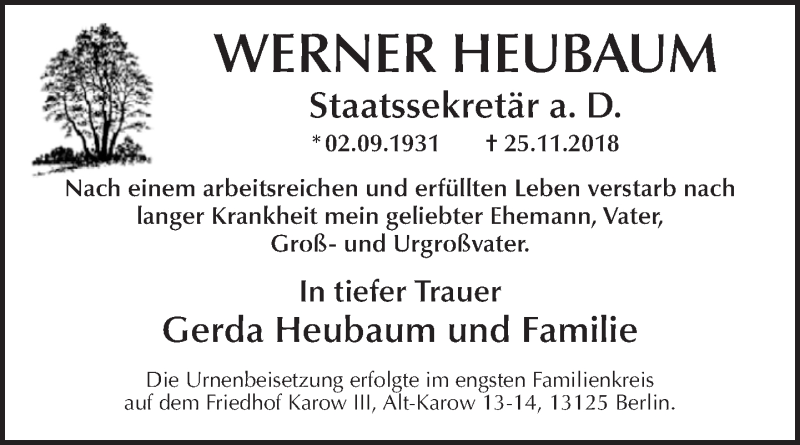  Traueranzeige für Werner Heubaum vom 20.01.2019 aus Tagesspiegel