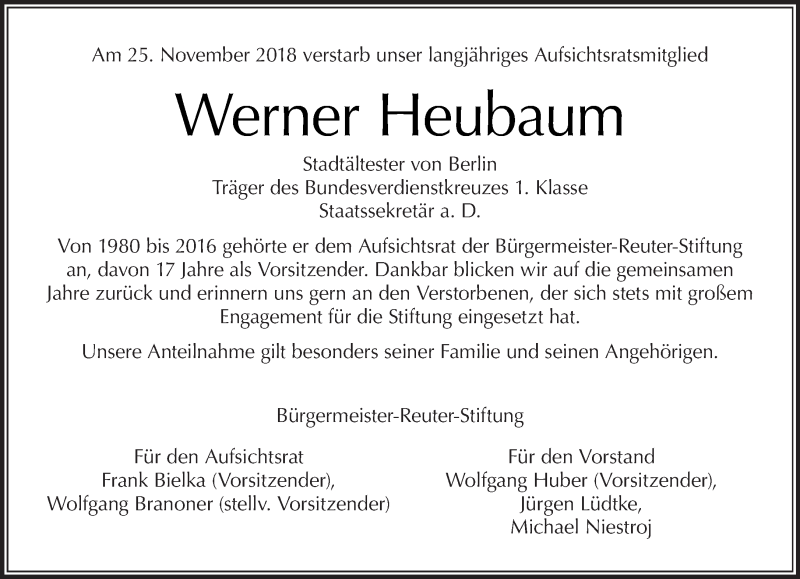  Traueranzeige für Werner Heubaum vom 27.01.2019 aus Tagesspiegel
