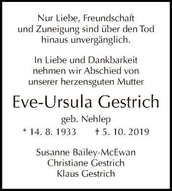 Traueranzeige von Eve-Ursula Gestrich von Tagesspiegel