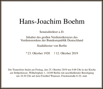 Traueranzeige von Hans-Joachim  Boehm von Tagesspiegel