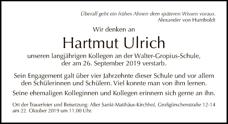  Traueranzeige für Hartmut Ulrich vom 13.10.2019 aus Tagesspiegel