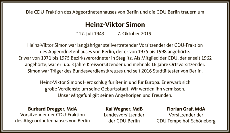  Traueranzeige für Heinz-Viktor Simon vom 20.10.2019 aus Tagesspiegel