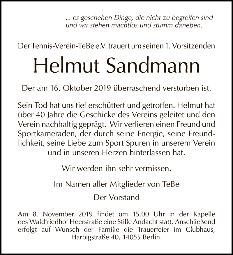  Traueranzeige für Helmut Sandmann vom 27.10.2019 aus Tagesspiegel