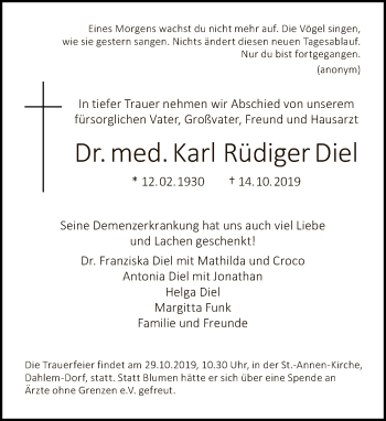 Traueranzeige von Karl Rüdiger Diel von Tagesspiegel