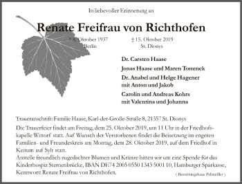 Traueranzeigen Von Renate Freifrau Von Richthofen | Tagesspiegel Trauer