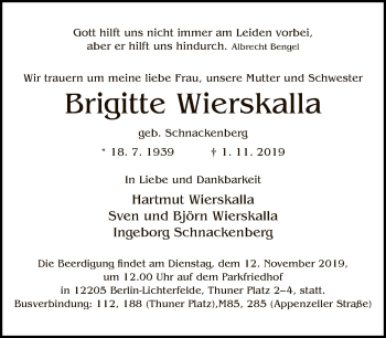 Traueranzeige von Brigitte Wierskalla von Tagesspiegel