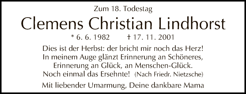  Traueranzeige für Clemens Christian Lindhorst vom 17.11.2019 aus Tagesspiegel