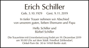 Traueranzeige von Erich Schiller von Tagesspiegel