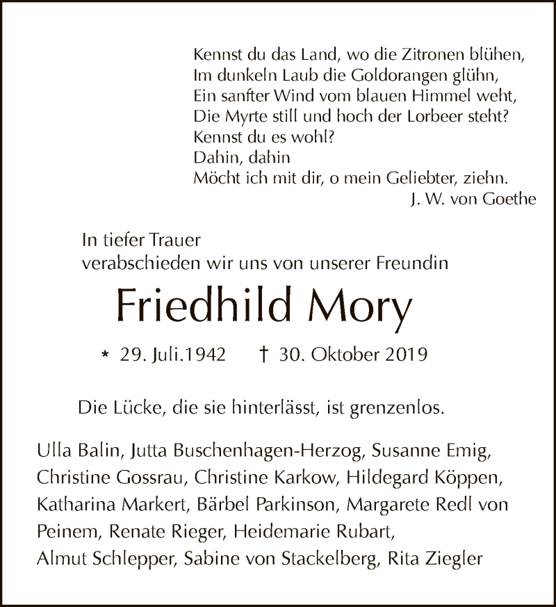  Traueranzeige für Friedhild Mory vom 10.11.2019 aus Tagesspiegel