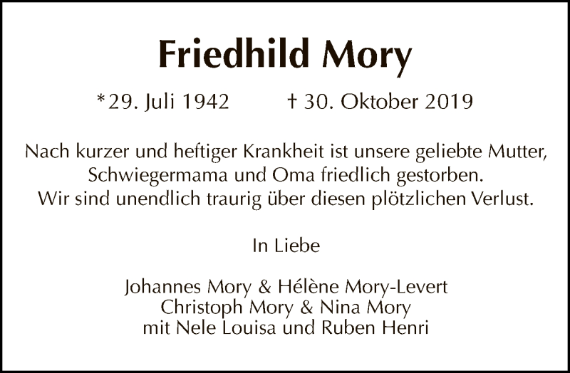  Traueranzeige für Friedhild Mory vom 10.11.2019 aus Tagesspiegel
