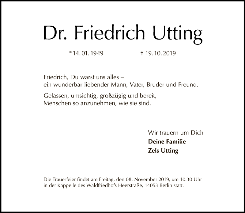  Traueranzeige für Friedrich Utting vom 03.11.2019 aus Tagesspiegel