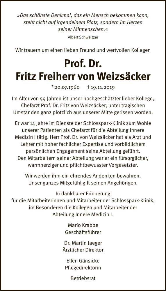  Traueranzeige für Fritz Freiherr von Weizsäcker vom 24.11.2019 aus Tagesspiegel