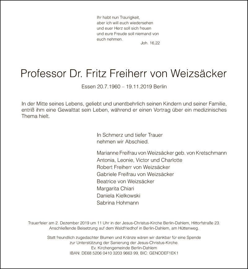  Traueranzeige für Fritz Freiherr von Weizsäcker vom 27.11.2019 aus Tagesspiegel