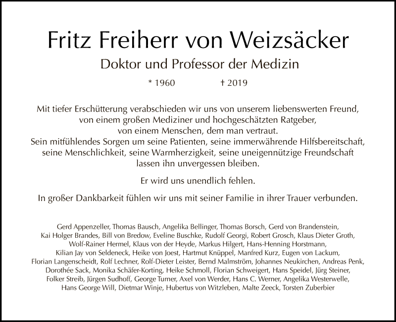  Traueranzeige für Fritz Freiherr von Weizsäcker vom 24.11.2019 aus Tagesspiegel