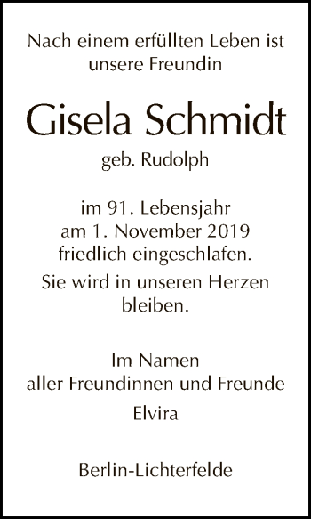 Traueranzeige von Gisela Schmidt von Tagesspiegel