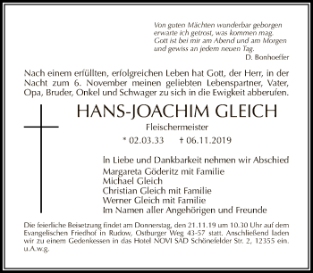 Traueranzeige von Hans-Joachim Gleich von Tagesspiegel