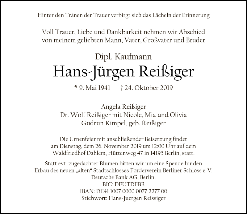  Traueranzeige für Hans-Jürgen Reißiger vom 03.11.2019 aus Tagesspiegel