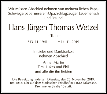 Traueranzeige von Hans-Jürgen Thomas Wetzel von Tagesspiegel