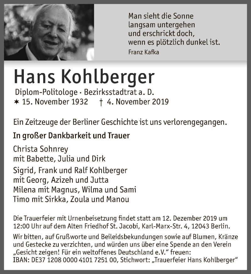  Traueranzeige für Hans Kohlberger vom 01.12.2019 aus Tagesspiegel