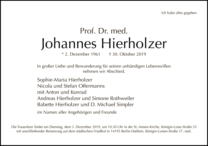  Traueranzeige für Johannes Hierholzer vom 09.11.2019 aus Tagesspiegel