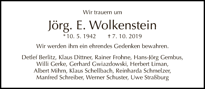  Traueranzeige für Jörg. E. Wolkenstein vom 10.11.2019 aus Tagesspiegel