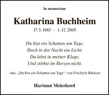 Traueranzeige von Katharina Buchheim von Tagesspiegel