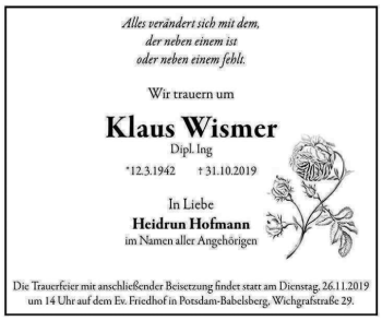 Traueranzeige von Klaus Wismer von Tagesspiegel