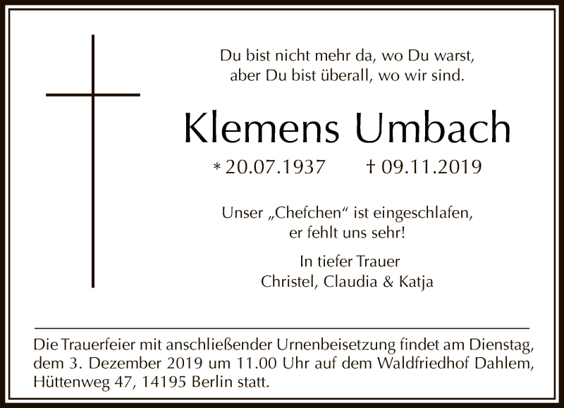  Traueranzeige für Klemens Umbach vom 17.11.2019 aus Tagesspiegel