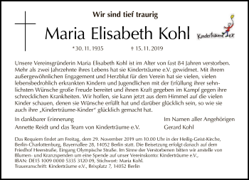 Traueranzeige von Maria Elisabeth Kohl von Tagesspiegel