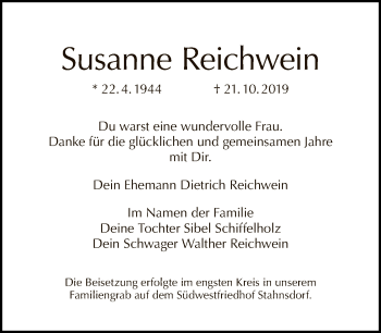 Traueranzeige von Susanne Reichwein von Tagesspiegel