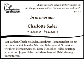 Traueranzeige von Charlotte Sader von Tagesspiegel