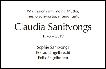 Traueranzeige von Claudia Sanitvongs von Tagesspiegel