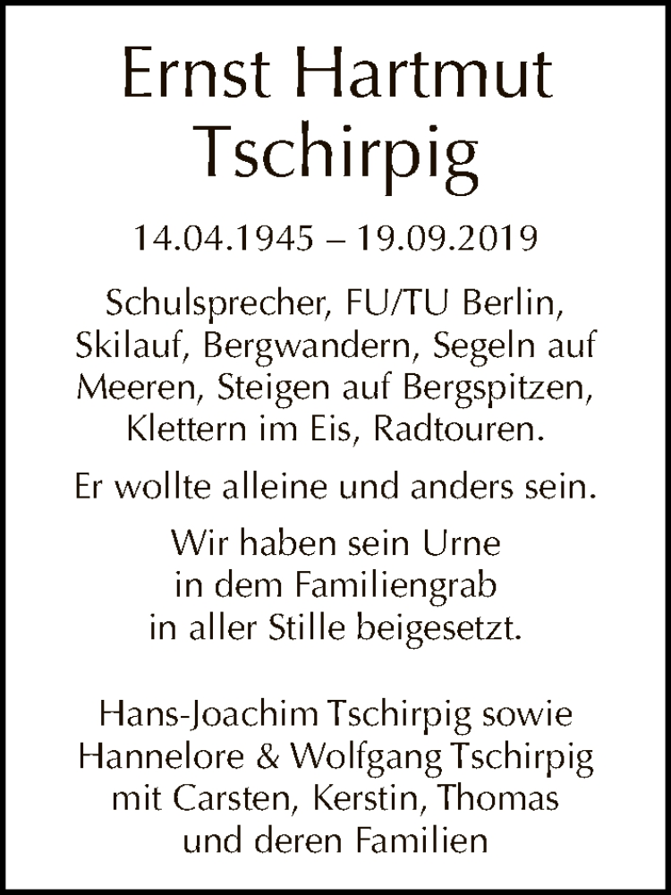  Traueranzeige für Ernst Hartmut Tschirpig vom 08.12.2019 aus Tagesspiegel