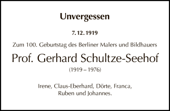 Traueranzeige von Gerhard Schultze-Seehof von Tagesspiegel