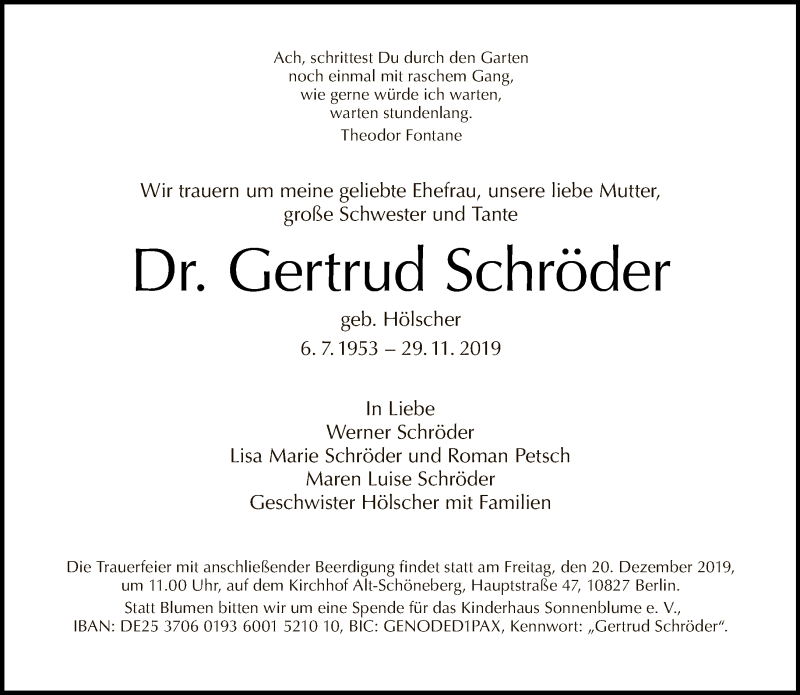  Traueranzeige für Gertrud Schröder vom 08.12.2019 aus Tagesspiegel