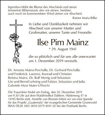 Traueranzeige von Ilse Pim Mainz von Tagesspiegel