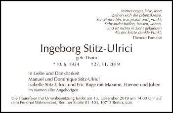 Traueranzeige von Ingeborg Stitz-Ulrici von Tagesspiegel