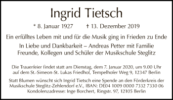 Traueranzeige von Ingrid Tietsch von Tagesspiegel