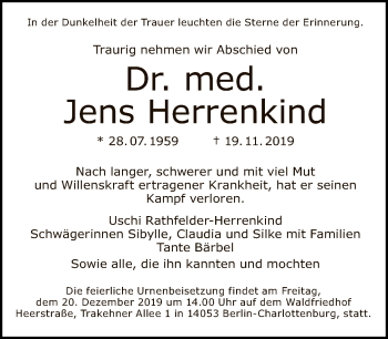 Traueranzeige von Jens Herrenkind von Tagesspiegel