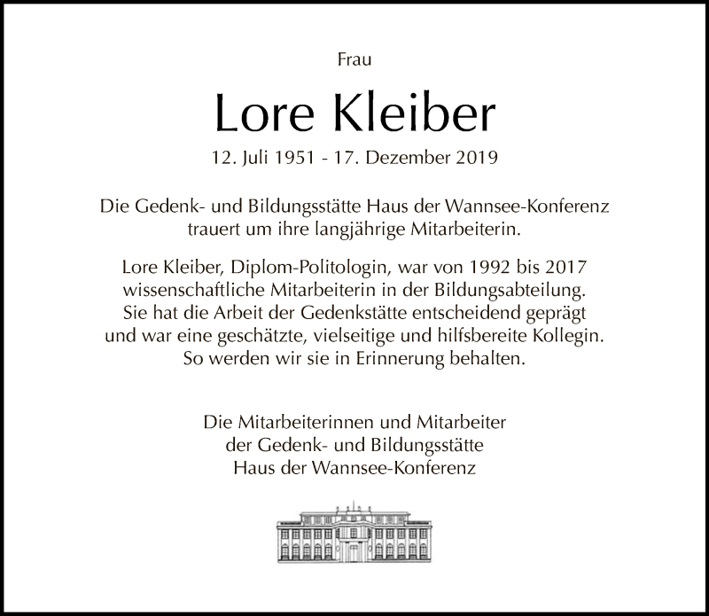  Traueranzeige für Lore Kleiber vom 22.12.2019 aus Tagesspiegel